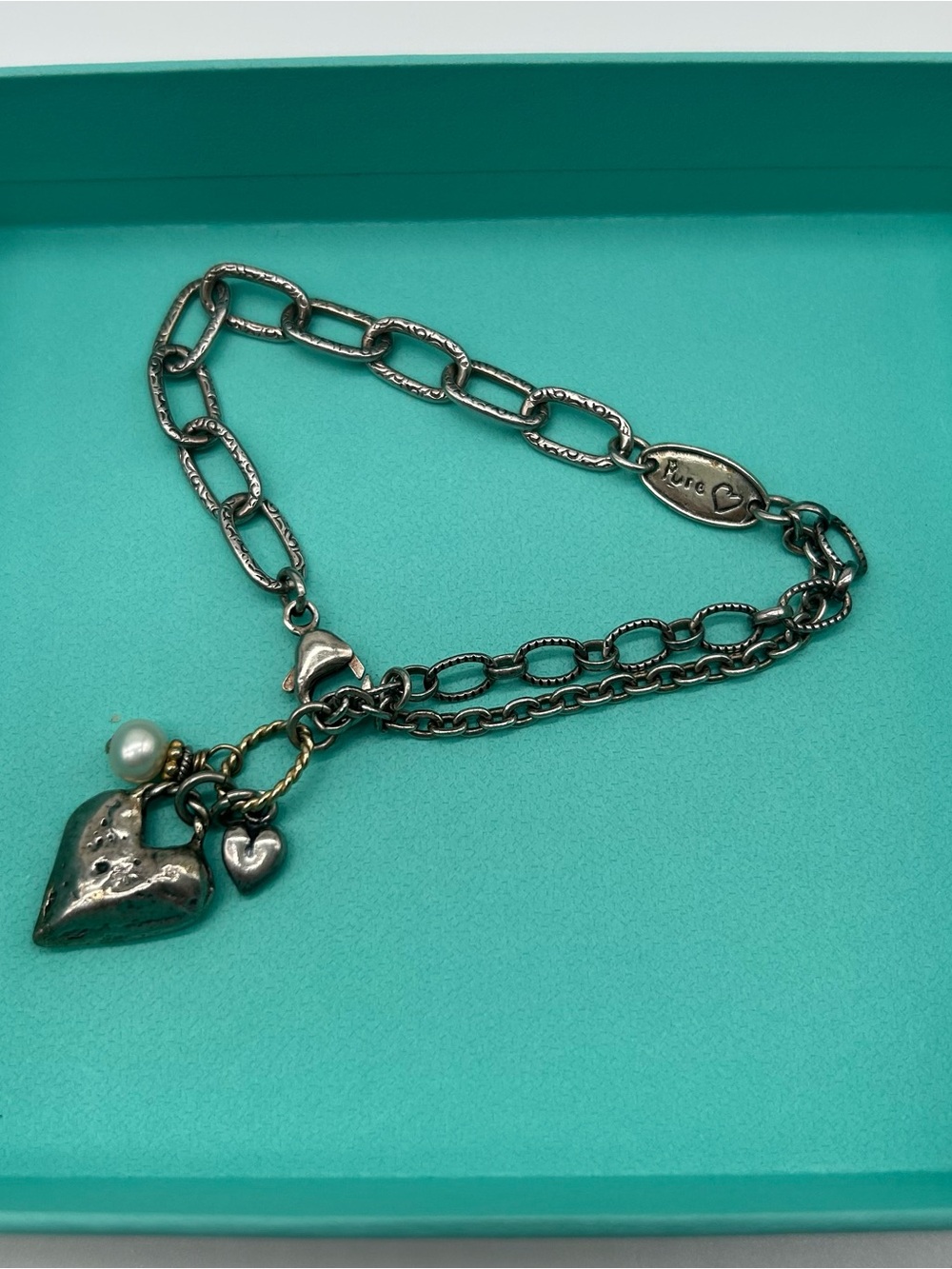 Sterling Silver Chain Bracelet with Heart Charms & Pearl